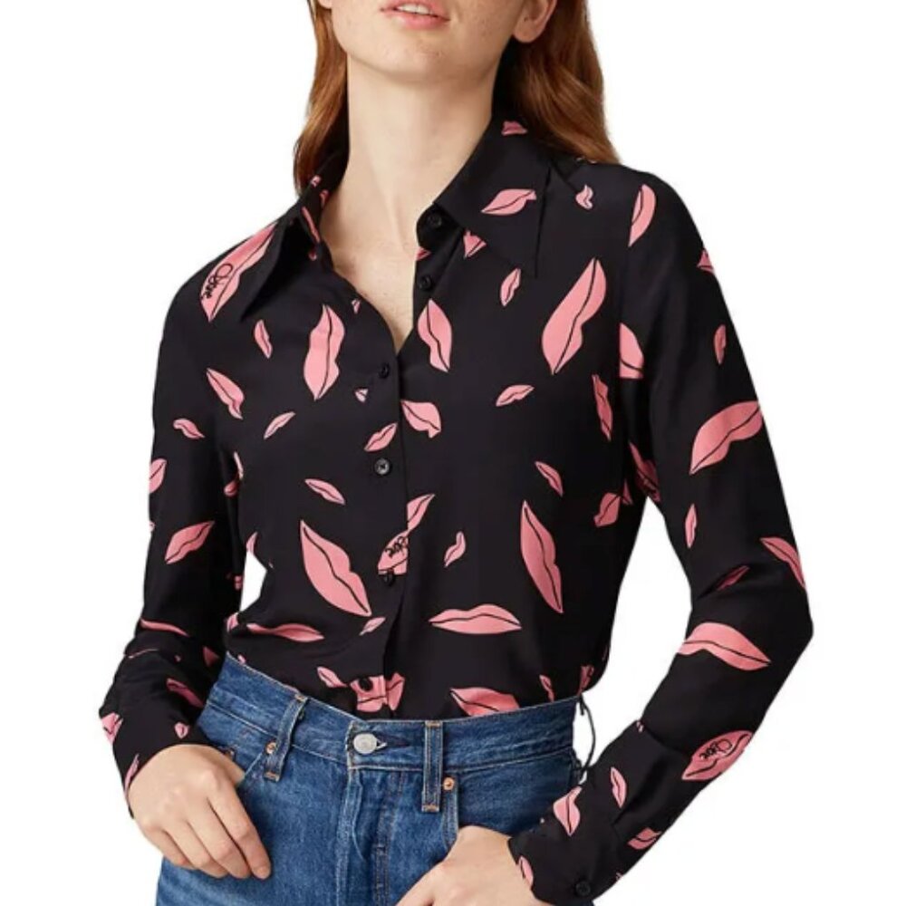 DVF Diane Von Furstenberg Silk Samson Graphic Button Down Top Size 4